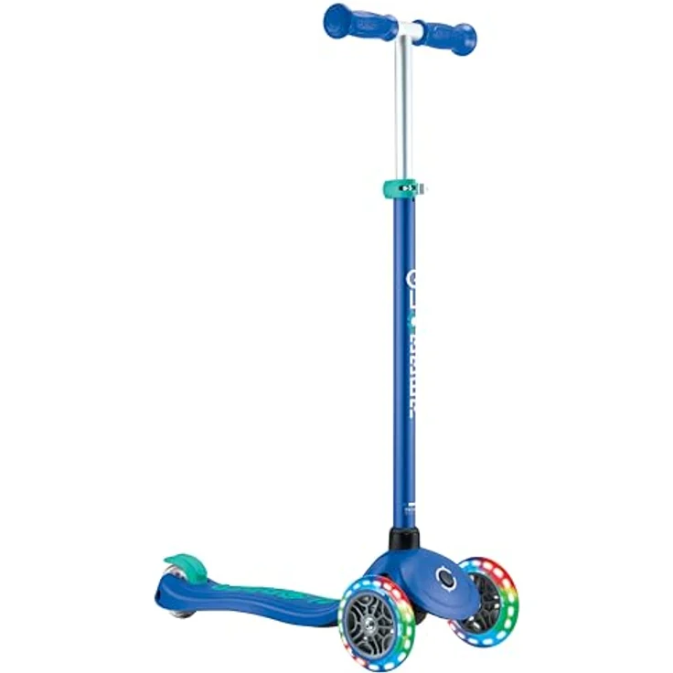 GLOBBER PRIMO PLUS LIGHTS, Tretroller für Kinder, 3-rädrig, höhenverstellbar, batterielose LED-Leuchtrollen, 120/80 mm, ABEC 9, blau – Bild 1