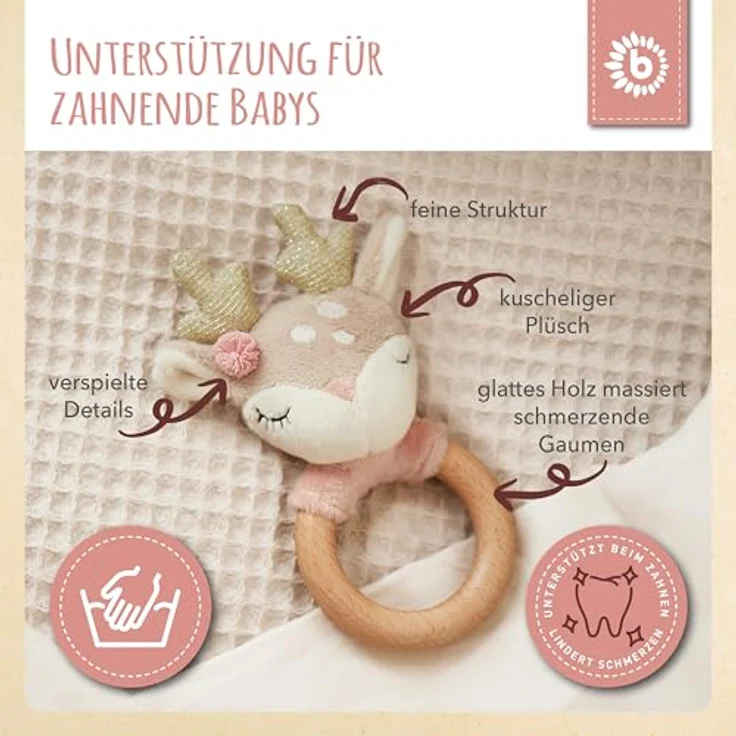 Bieco Plüschgreifling Reh mit Rassel 14 x 9 cm beige/ rosa – Bild 4