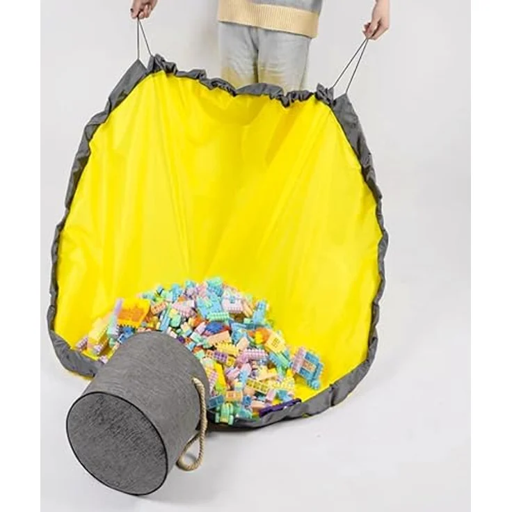 KRUZZEL Spielmatte Aufbewahrungsbox mit Spielzeugkorb, grau/gelb-schwarz, wasserfest, 135 cm Durchmesser, verstärkte Griffe für leichten Transport – Bild 4