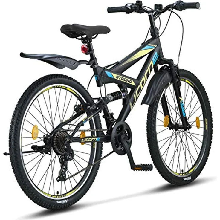 Licorne Bike Strong V Premium Mountainbike in 26 Zoll - Fahrrad für Jungen, Mädchen, Damen und Herren - Shimano 21 Gang-Schaltung - Vollfederung - Schwarz/Blau/Lime – Bild 4