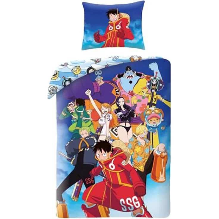 Halantex Bettwäsche-Set One Piece Luffy SSG EGGHEAD, 2-teilig mit Bettbezug 140 x 200 cm und Kissenbezug 70 x 90 cm, Wendbar, 100 % Polyester, mehrfarbig
