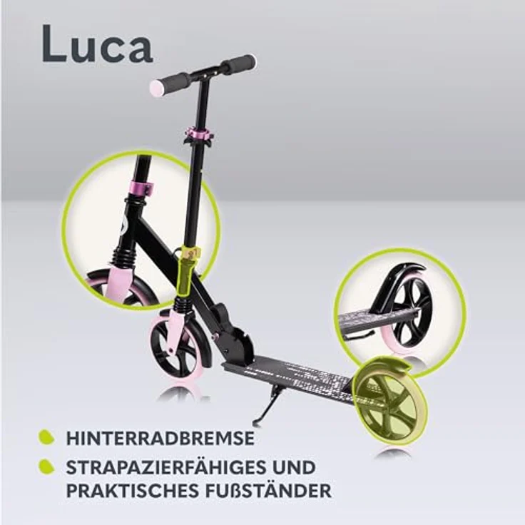 lionelo Cityroller LUCA, klappbarer Tretroller mit Stoßdämpfer, 200mm Rädern, ABEC7 Kugellager, Aluminium, schwarz – Bild 4
