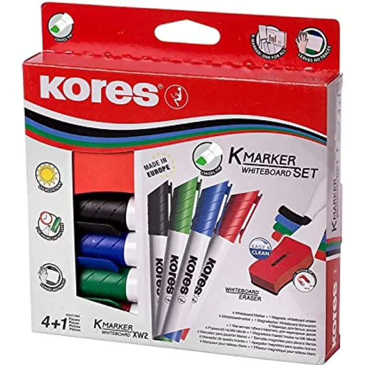 KORES Whiteboard Marker M20865, 5er Set mit 3-5mm Keilspitze, schwarz, blau, rot, grün + magnetischem Schwamm, schnelltrocknend, rückstandslos entfernbar
