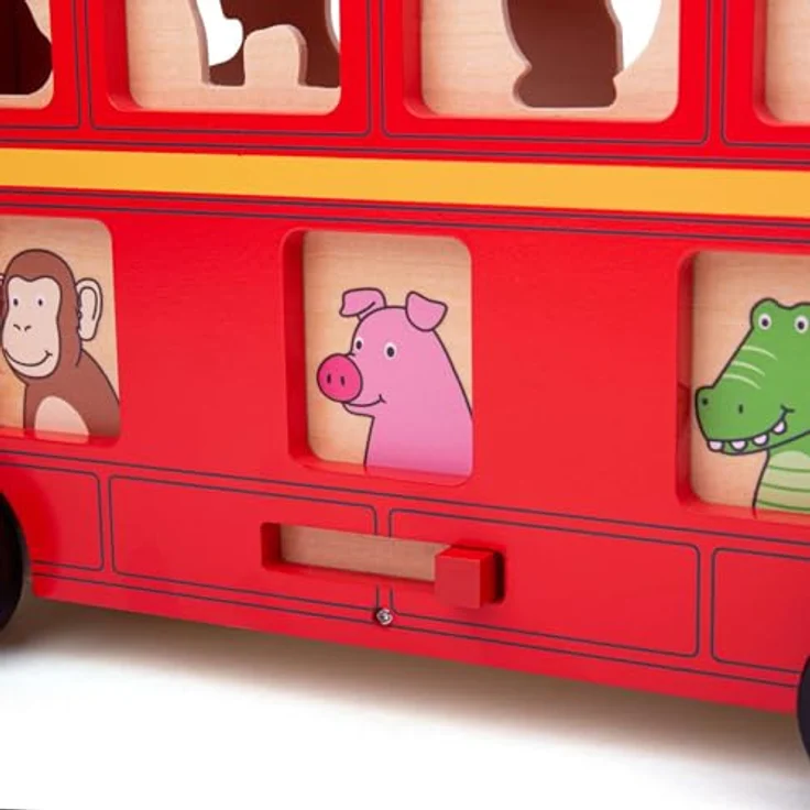 Bigjigs Wooden Shape Sorter Red Animal Bus, 21-teiliges Holz-Spielzeug mit einlegbaren Tieren und Fenster-Schieber – Bild 4