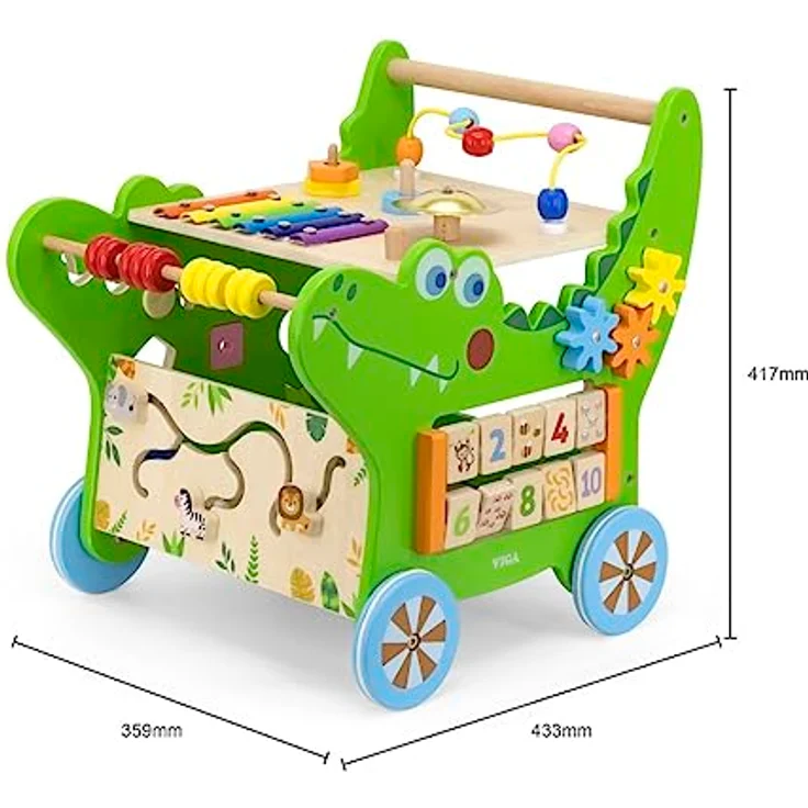 TikTakToo Krokodil Lauflernwagen Baby Aktivity Walker, Motorikbrett mit Xylophon, Glocke, Stapelspiel und Formensteckspiel, FSC-Holz mit Gummilaufringen, ca. 36 x 43 x 42 cm – Bild 3