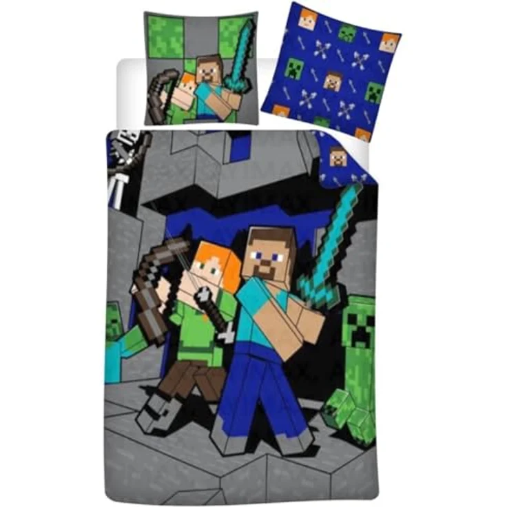 Aymax Parure de lit réversible MICF - 140 cm x 200 cm, Minecraft Bettwäsche für Kinderbett, 52% Baumwolle / 48% Polyester, maschinenwaschbar