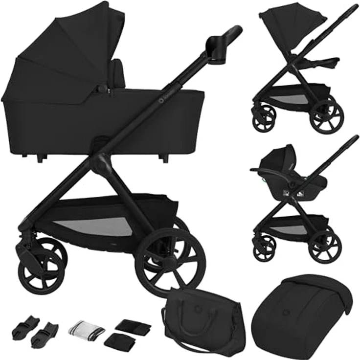 Lionelo Kinderwagen Carmine 3in1, mit Autositz i-Size, Babywanne & Buggy, GravelTech Räder, Federung, UPF50+, Schwarz – Bild 1