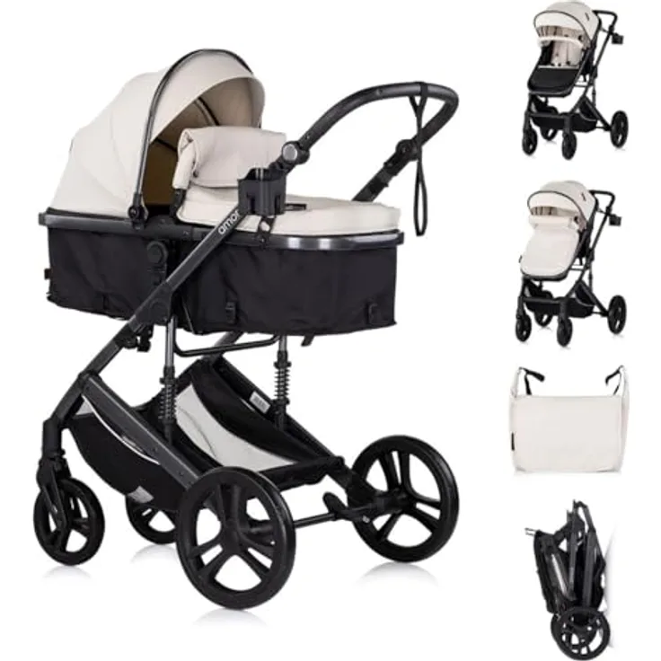 Chipolino Kinderwagen 2 in 1 Amore mit Getränkehalter, Wickeltasche und Fußabdeckung, creme