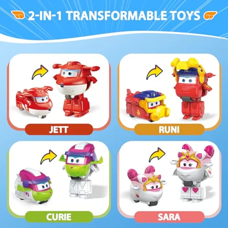 Super Wings 2 inch Verwandlungsspielzeug 4er Pack, Jett, Curie, Runi und Sara, Transforming Flugzeug Mini Figuren, 2-in-1 Roboter und Flugzeug, für Kinder ab 3 Jahren – Bild 2