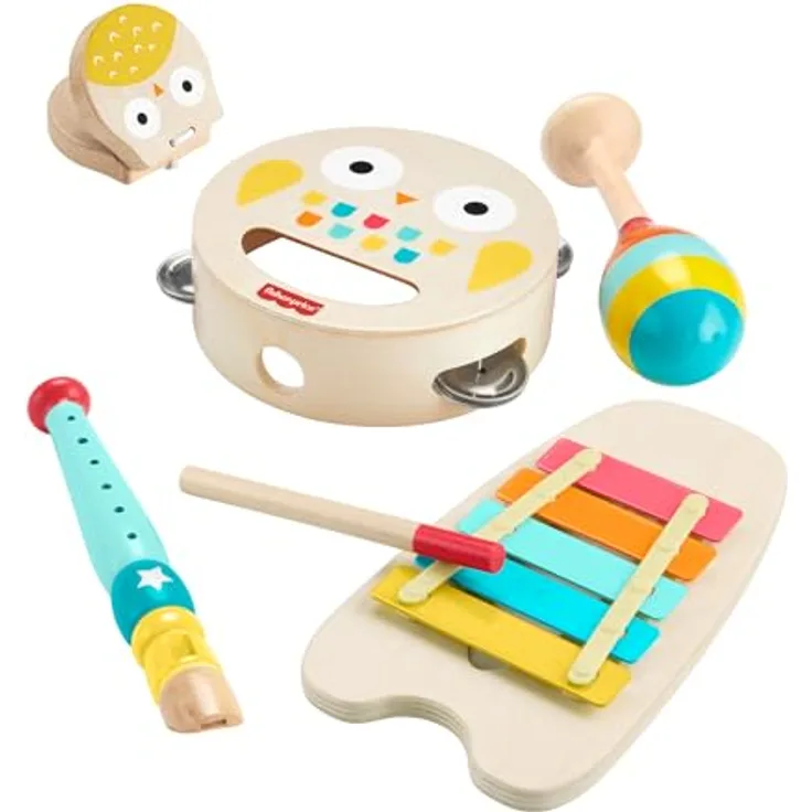 Fisher-Price Musik-Geschenkset für Kleinkinder mit Tierspielzeug-Instrumenten, 6 Holzteile, Montessori-inspiriert, ab 2 Jahren, HXT90