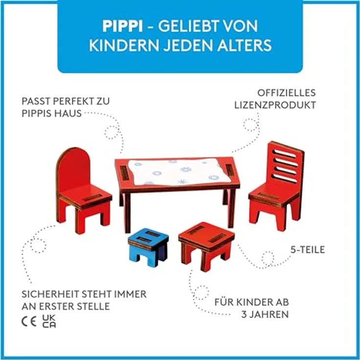 Pippi Langstrumpf Puppenhausmöbel Zubehörset Küche, 5-teilig mit Tisch und Stühlen für die Villa Kunterbunt – Bild 3