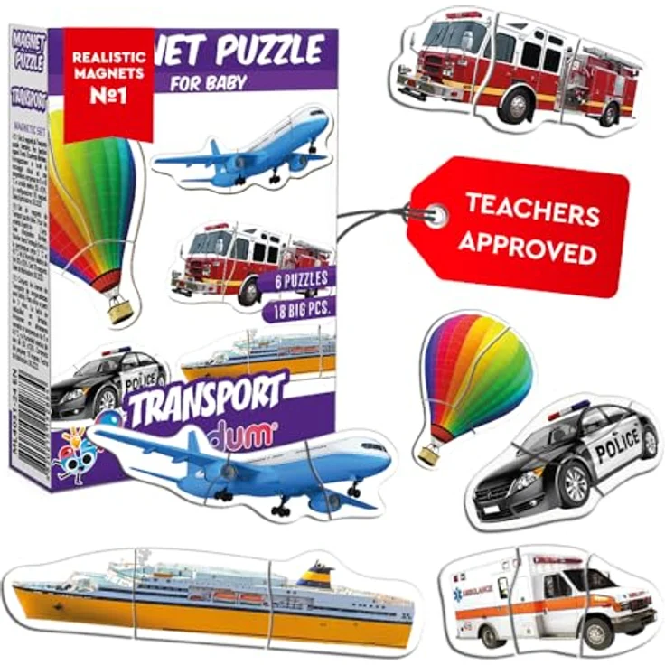 Magdum Magnet Puzzle Fahrzeuge & Transport, 18 Teile – Realistische Auto und LKW Magnete, Montessori Lernspielzeug für Kinder ab 3 Jahren, sicheres Kühlschrankpuzzle – Bild 1