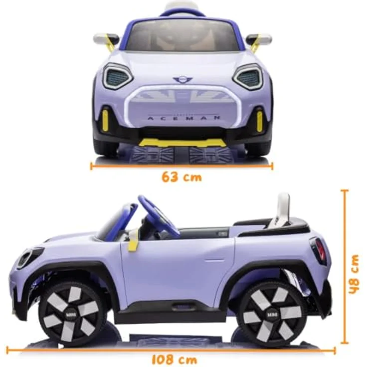 Vrooomy MINI Aceman Kinder Elektroauto 12V, mit Fernbedienung, Sicherheitsgurten, MP3-Player, lila, für 1 bis 5 Jahre – Bild 2