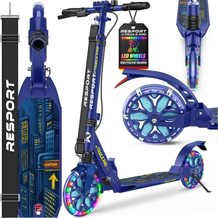 RE:SPORT Cityroller RE:SPORT® Trailz Pro, höhenverstellbarer & klappbarer Kickscooter mit Handbremse, Doppelfederung, LED-Rollen, für Kinder & Erwachsene, inkl. Tragegurt und Klingel