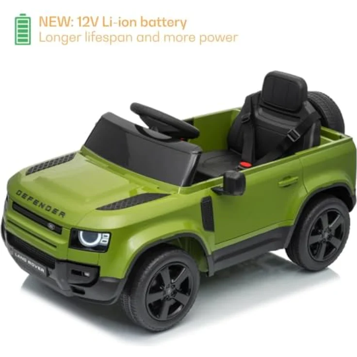 Vrooomy Land Rover Defender 90 Elektro-Kinderfahrzeug 12V mit Fernbedienung, EVA-Rädern, 3-Punkt-Gurt, MP3-Player – Grün – Bild 3