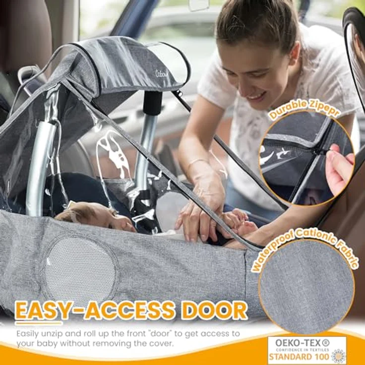 Orzbow Universal Regenschutz für Babyschale (z. B. Maxi-Cosi/Cybex/Römer),Abdeckbare Trageöffnung und Luftlöchern, Kontaktfenster,mit Tasche,Notwendiger Schutz für Babys oder Haustiere (Hellgrau) – Bild 3