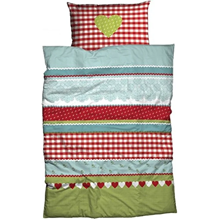 Casatex Renforcé Bettwäsche Herz KARO moderner Landhausstil genießen Sie Hüttenromantik in kuscheliger Baumwoll Bettwäsche rot-grün 135 cm x 200 cm – Bild 1