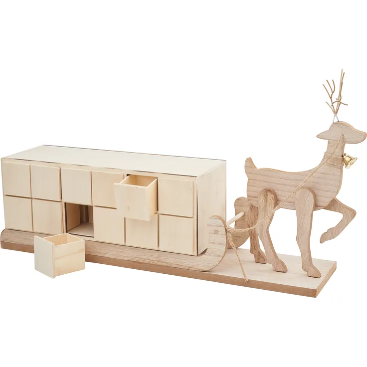 VBS Adventskalender "Rentier mit Schlitten", Holz Adventskalender mit 24 Geschenkkästchen, unbehandelt