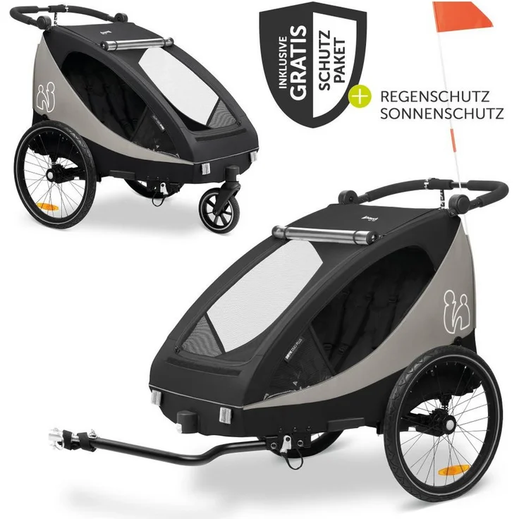 Hauck Fahrradkinderanhänger Dryk Duo Plus - Black, Buggy für 2 Kinder bis 44 kg mit Regenschutz