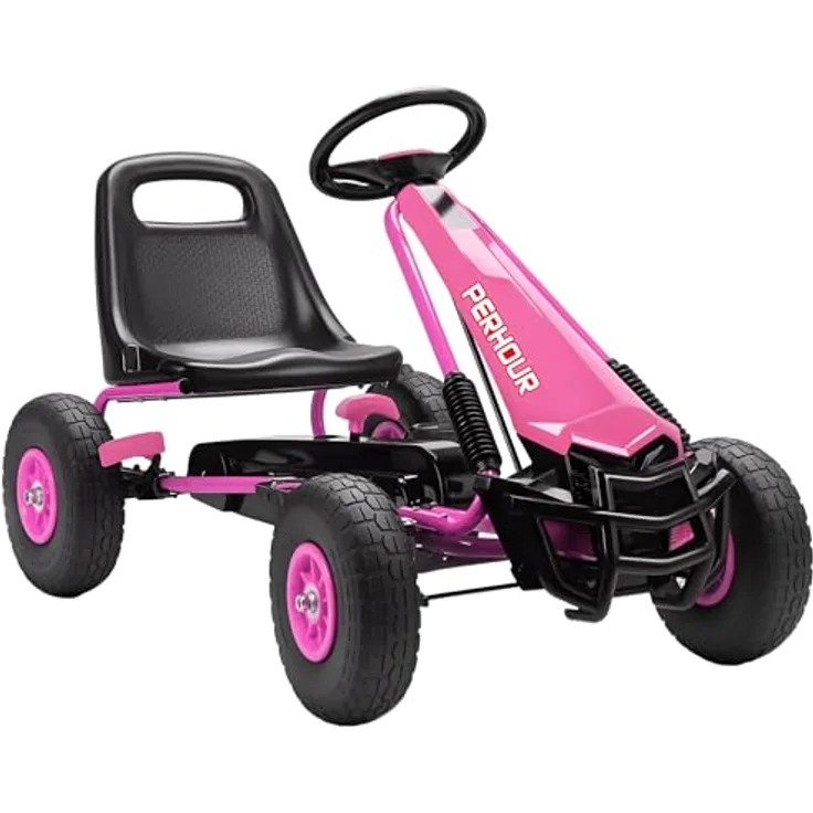 AIYAPLAY Go-Kart Tretauto, mit Handbremse und verstellbarem Sitz, für Kinder 3-8 Jahre, rosa, Pedalantrieb