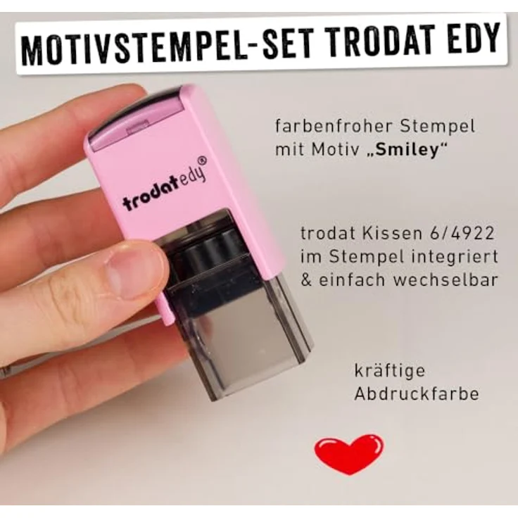 trodat edy®Fix Motivstempel Herz 2,0 x 2,0 cm, Abdruckfarbe rot, Gehäuse pastell-rosa – Bild 2