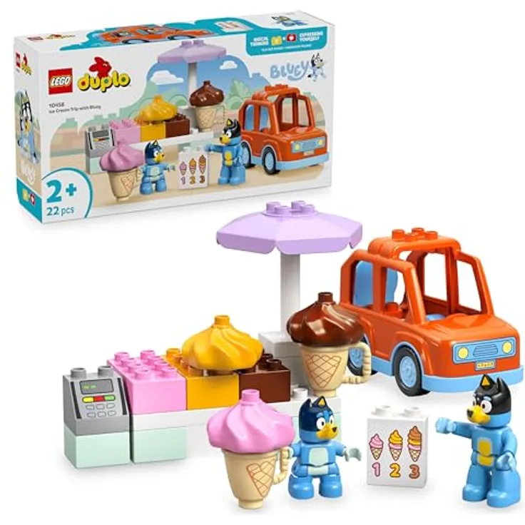 LEGO DUPLO Bluey 10458 Ausflug zur Eisdiele, Lernspielzeug mit Auto, 22 Teile, Mehrfarbig