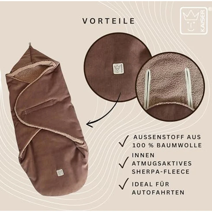 Kaiser Callie Cord Einschlagdecke für Babyschale, 80x40 cm, wattiert, OEKO-TEX, für 0-12 Monate, caribou – Bild 4