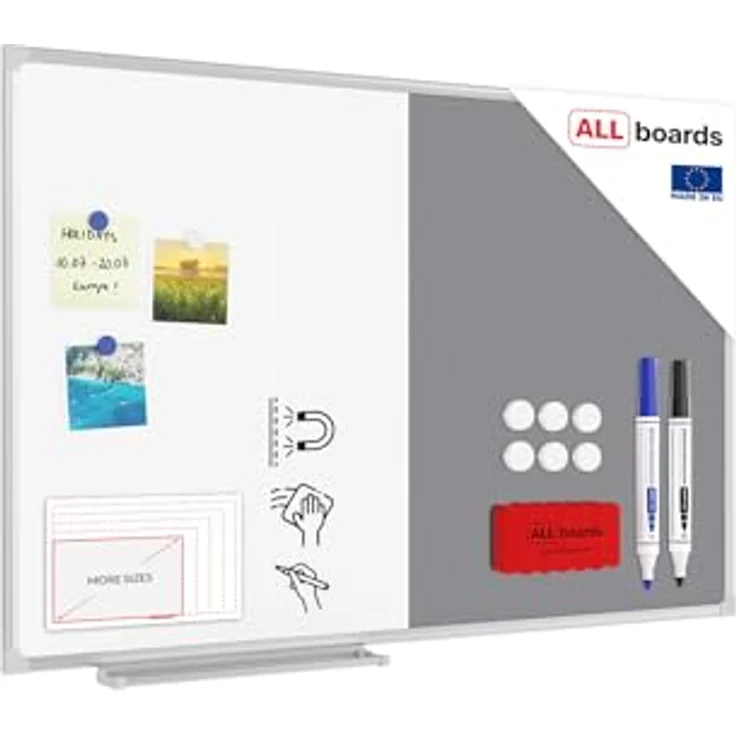 ALLboards Kombitafel, Whiteboard und graue Filz-Pinnwand mit Alurahmen, magnetisch und trocken abwischbar – Bild 1