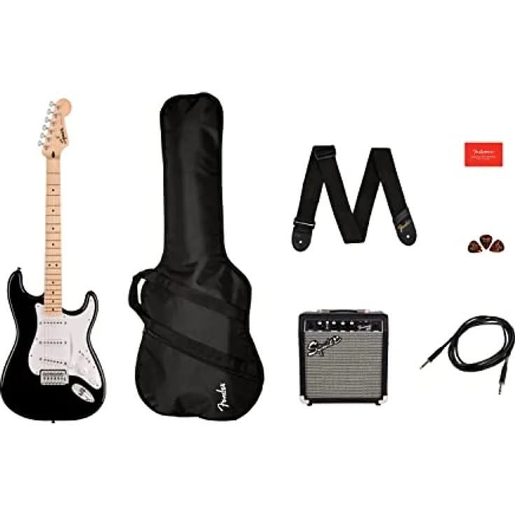 Fender Squier Sonic Stratocaster Pack, E-Gitarre aus Pappel, versatil in Schwarz mit Frontman 10G Verstärker und Zubehör