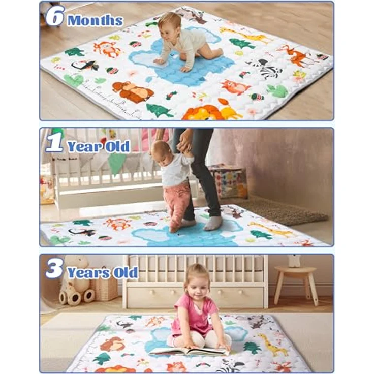 Funsland Krabbelteppich für Baby, Rutschfeste Schadstofffreie Spielmatte 127x127cm aus Baumwolle mit Höhenlineal, Faltbar für Innen/Außen, Bunte Tiermotive – Bild 4