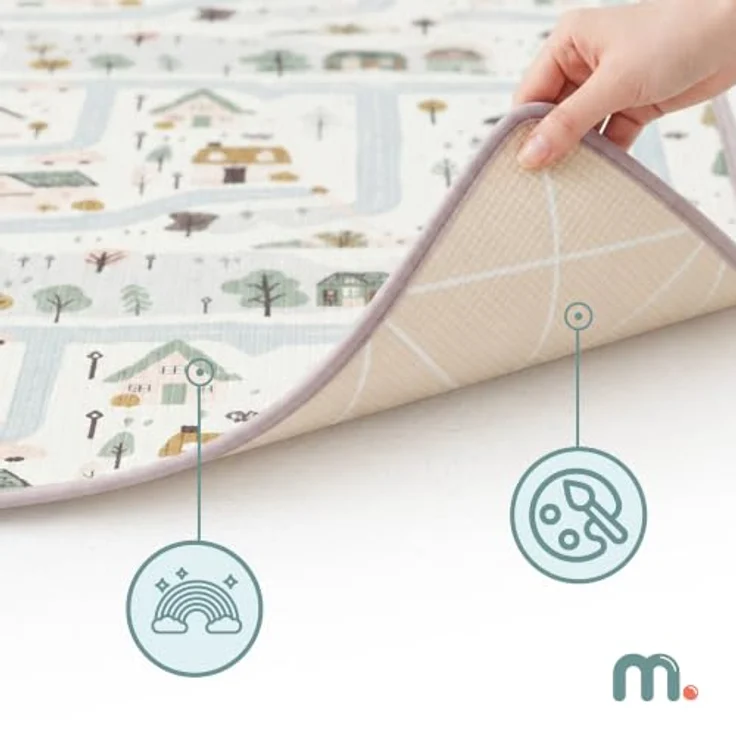 mamabrum XPE Spielmatte für Babys und Kinder, 180 x 150 cm, Doppelseitig, 1,5 cm Polsterung mit Stadtmotiv und sandbeiger Seite – Bild 2