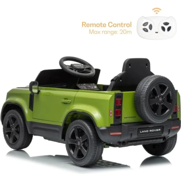 Vrooomy Land Rover Defender 90 Elektro-Kinderfahrzeug 12V mit Fernbedienung, EVA-Rädern, 3-Punkt-Gurt, MP3-Player – Grün – Bild 2