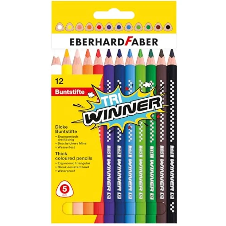 Eberhard Faber 518412 - Buntstifte Set TRI Winner, 12 bruchsichere Farbstifte, Dreikant Form, intensive Farben für helle, bunte und dunkle Papiere, weiß, gelb, pfirsich, orange, rot, lila, hellblau, dunkelblau, hellgrün, dunkelgrün, braun und schwarz – Bild 1
