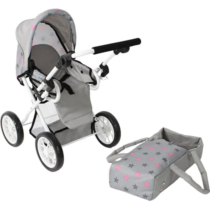 Bayer Chic 2000 Puppenwagen Leni, 3in1 Kombi-Buggy, faltbar, mit herausnehmbarer Soft-Tragetasche, Sternchen Grau – Bild 4