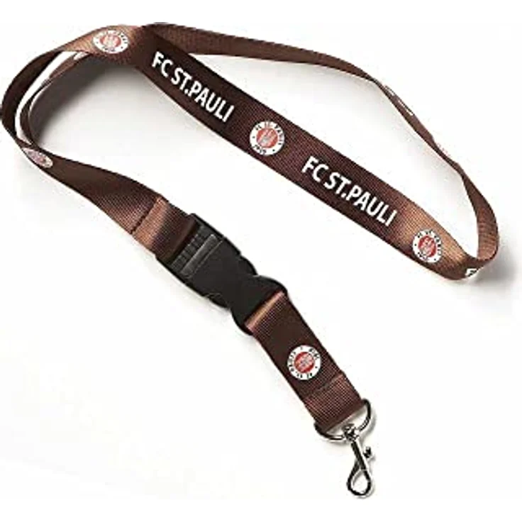 FC St. Pauli Schlüsselanhänger mit braunem Schlüsselband, Logo und Karabinerhaken – Bild 2