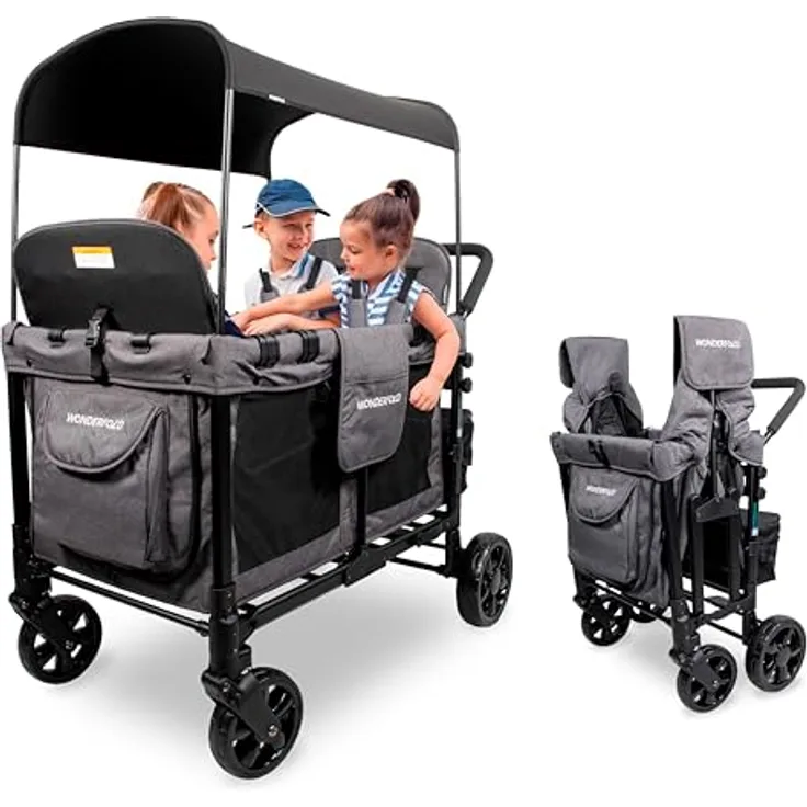 WONDERFOLD W4 4-Sitzer-Multifunktions-Quad-Kinderwagen, Grau mit abnehmbaren erhöhten Sitzen und verschiebbarem Verdeck