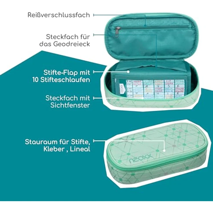 neoxx Jump Schlamperbox Mintastic, mit Reißverschluss, 10 Stifteschlaufen und Sichtfenster, aus recycelten PET-Flaschen, ideal für Schulbedarf und kreative Ordnung – Bild 5