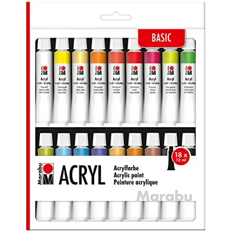 Marabu Acrylfarbenset 18 Farben á 12 ml, deckende, matt-glänzende Acrylfarben auf Wasserbasis, für Keilrahmen, Malkarton, Papier und Holz, schnell trocknend