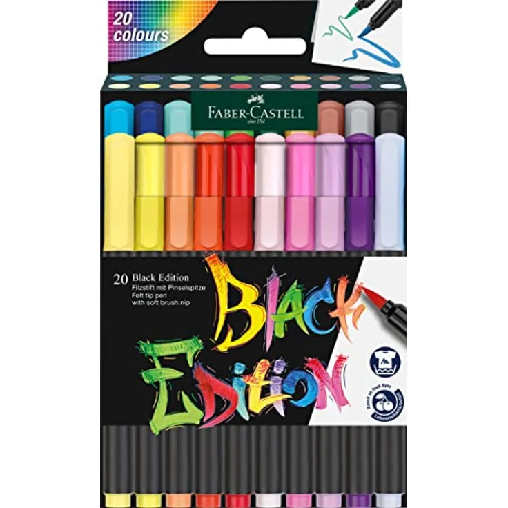 Faber-Castell 116452 - Filzstifte Set Black Edition 20er Etui, mit Pinselspitze, für Kinder und Erwachsene