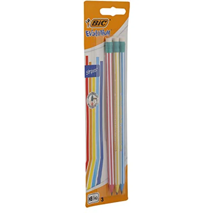 BIC Bleistift Evolution Stripes 646 HB, Holzfreier Bleistift mit Radierer, 3 Stück farbig sortiert (Rot/Weiß, Gelb/Weiß, Blau/Weiß) – Bild 4