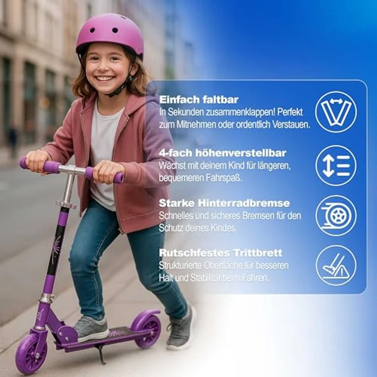 Habib Gruppe Kinderroller Tretroller & Scooter, klappbar, mit 4-fach höhenverstellbarem Lenker, LED-Rädern, für Kinder 3-10 Jahre, lila – Bild 4