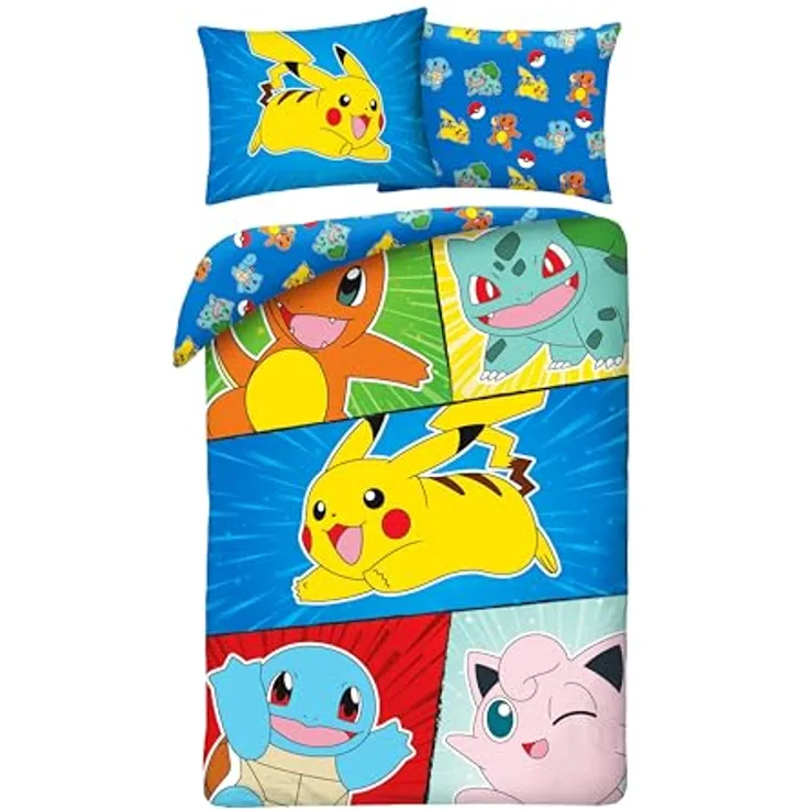 Halantex Bettwäsche-Set Pokemon, Pikachu und Freunde, 2-teilig 140 x 200 cm + Kissenbezug 70 x 90 cm, 100% Baumwolle, Oeko-TEX, Maschinenwäsche, Einzelbett