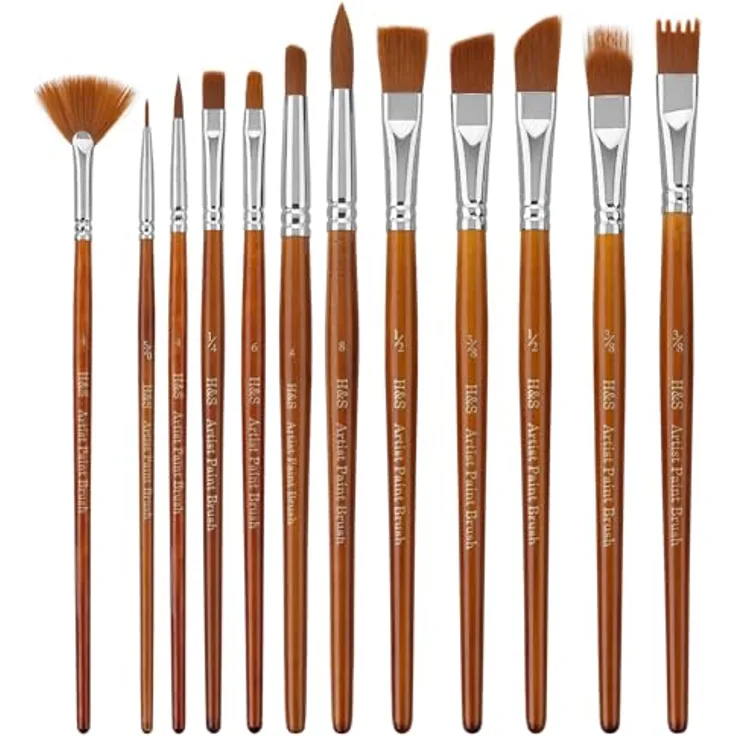 H&S Pinselset 12er, Acrylfarben, Aquarell- und Ölfarben, flache und runde Pinsel aus synthetischem Haar, Künstler Zubehör mit Hartholzgriffen