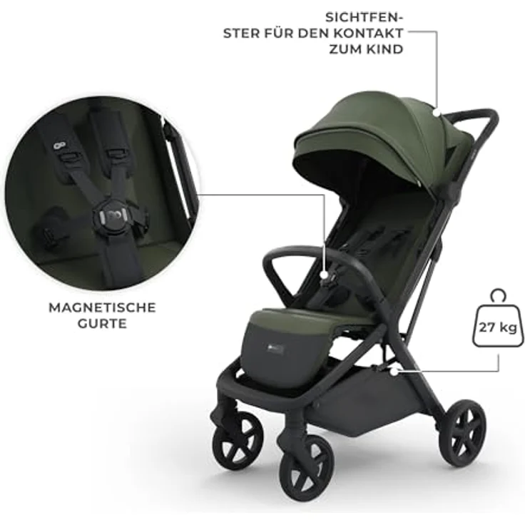 Kinderkraft NUBI 3 Buggy bis 22 kg, automatisch zusammenklappbar, große EVA-Räder, Mesh-Sitz, 5-Punkt-Gurt magnetisch, UPF50+ Verdeck, Liegeposition, Korb 5 kg, Becherhalter, Moskitonetz, Grün – Bild 5