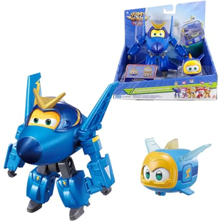 Super Wings Transforming Flugzeug Jerome & Pet, verwandelbare Spiel-Figur mit 12 cm und 4,3 cm Haustier, spielbar mit funktionierenden Rädern und Lichteffekt, für Kinder von 3-8 Jahren