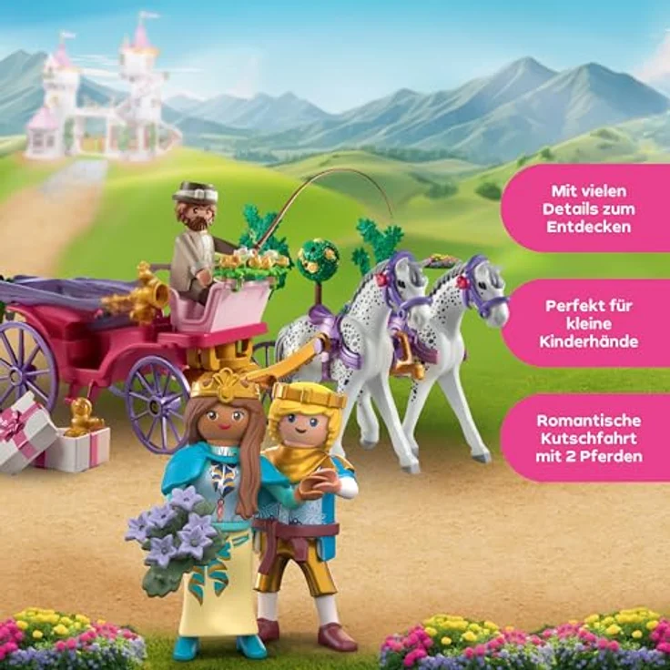 PLAYMOBIL Kutschfahrt mit Prinzessin und Prinz, inklusive dekorierter Kutsche und Pferde mit Herzgeschirr – Bild 3