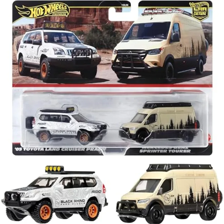 Hot Wheels Mercedes-Benz Sprinter Tourer & Toyota Land Cruiser Prado, Modellfahrzeuge 1:64, weiß/grau + beige, Metall mit Kunststoffteilen