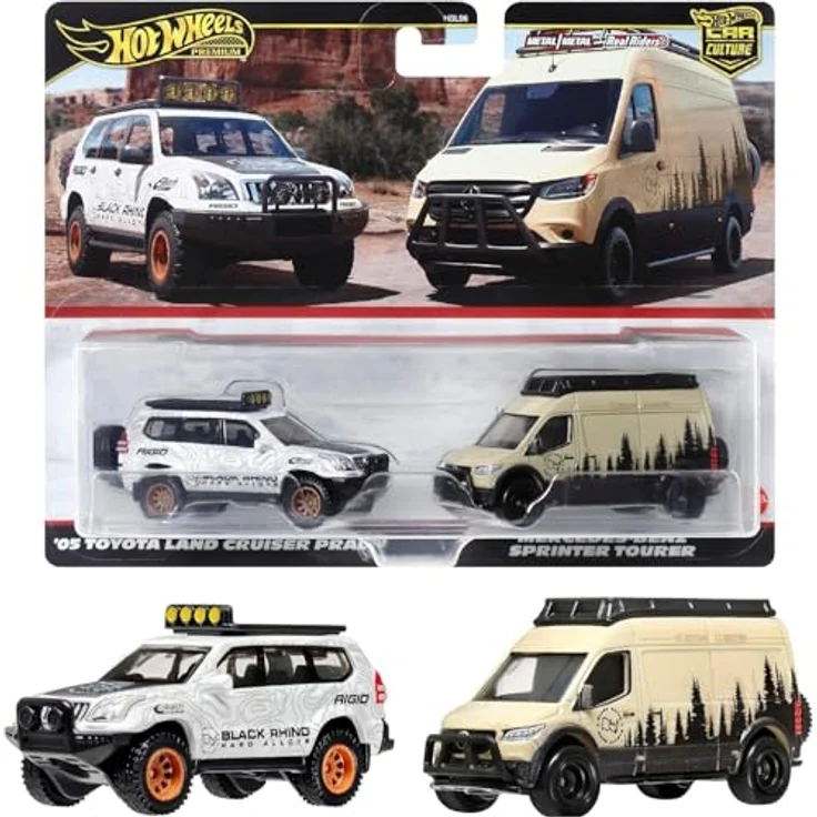 Hot Wheels Mercedes-Benz Sprinter Tourer & Toyota Land Cruiser Prado, Modellfahrzeuge 1:64, weiß/grau + beige, Metall mit Kunststoffteilen – Bild 1