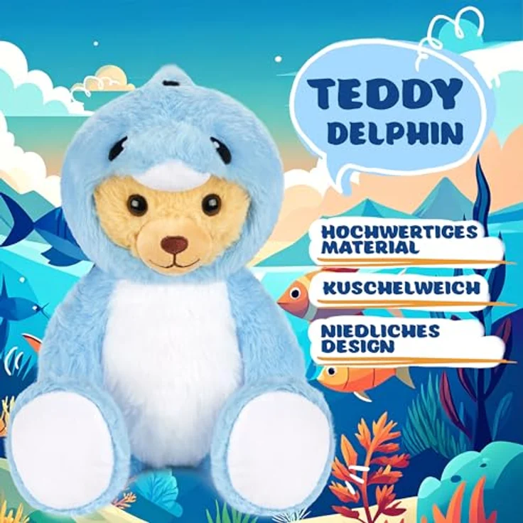 BRUBIES Teddy Delfin, 25 cm Teddybär im blauen Delfinkostüm mit abnehmbarer Kapuze, kuscheliges Plüschtier für Kinder, pflegeleicht – Bild 2