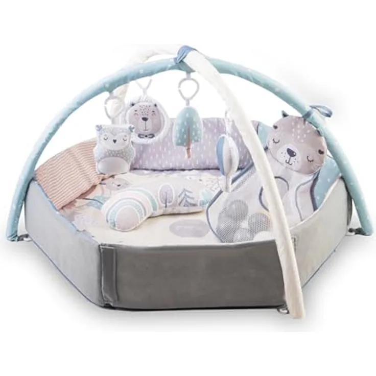 MoMi PASTEL Spielbogen mit Krabbelmatte 3-in-1, sensorische Aktivitätsmatte mit 2 Bögen, 5 Spielzeugen, 20 Bällchen und Krabbelkissen, für Babys ab Geburt